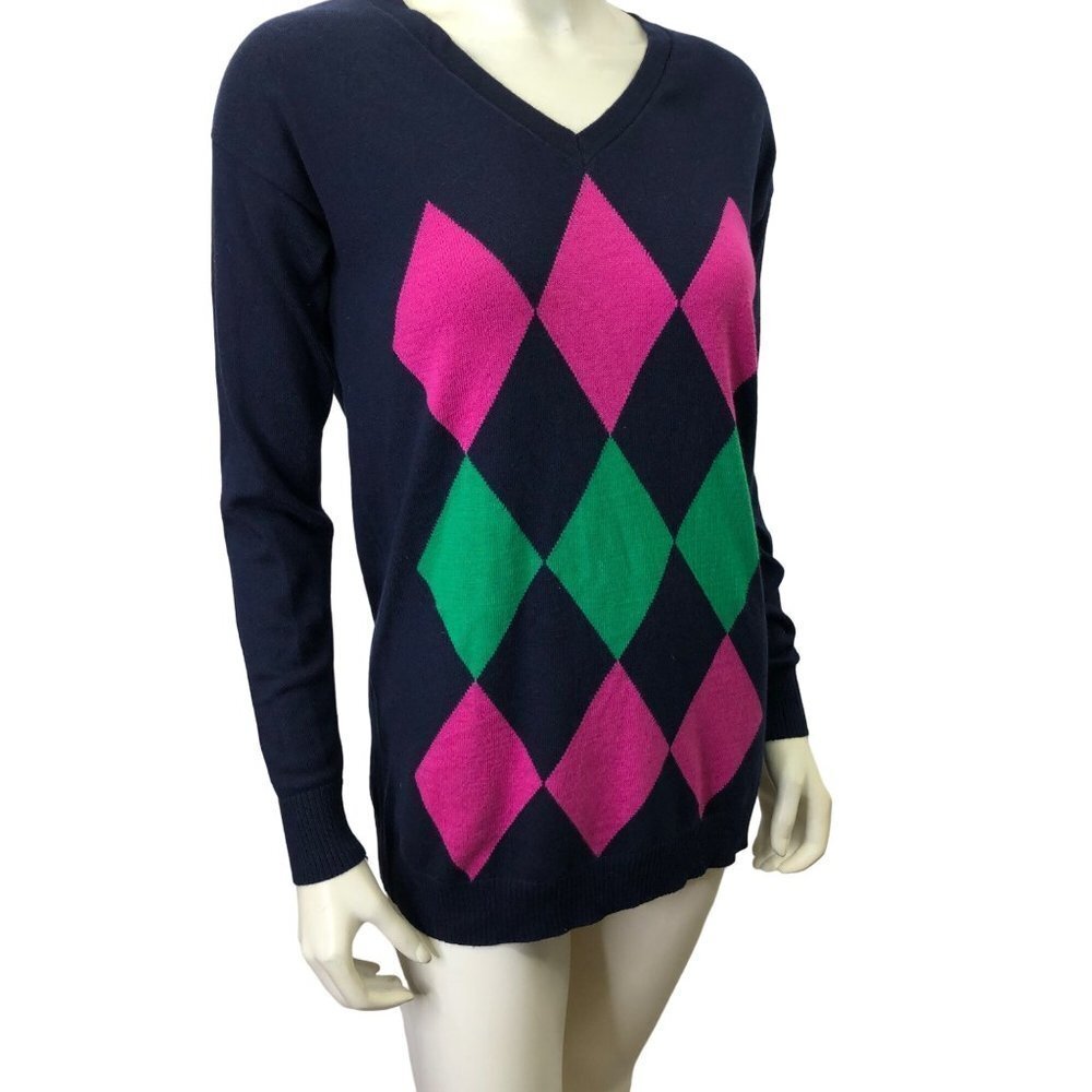 Tommy Hilfiger Navy V-Neck Sweater with Pink & Green Argyle